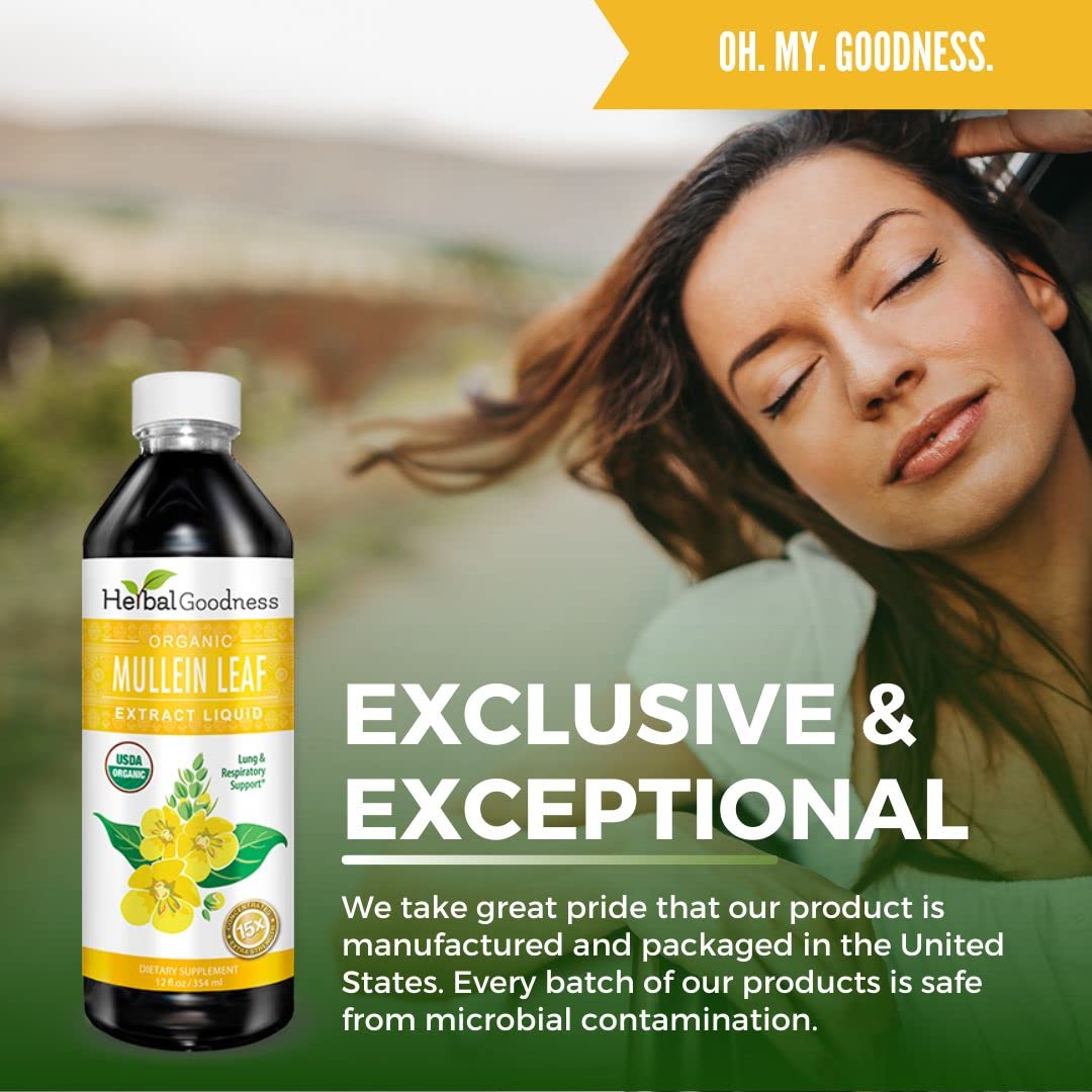 Herbal Goodness Mullein Drops organic certification logo hints at organic sourcing.