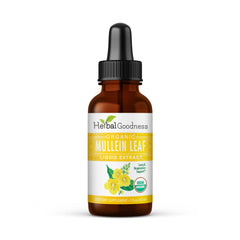 Herbal Goodness Mullein Leaf Extract bottle pour supports respiratory comfort.