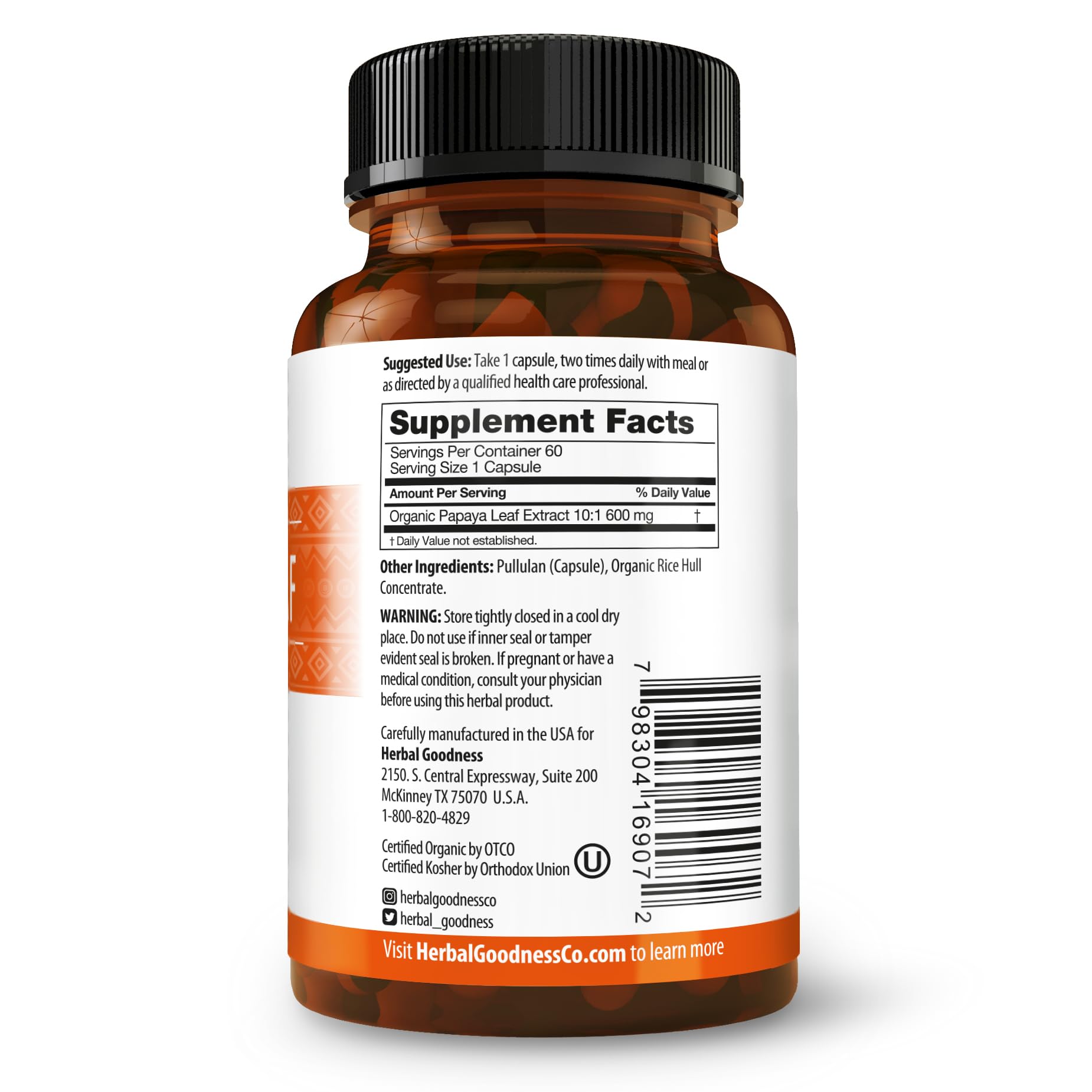 Herbal Goodness Organic ingredients label highlights papaya leaf extract and rice hull concentrate purity