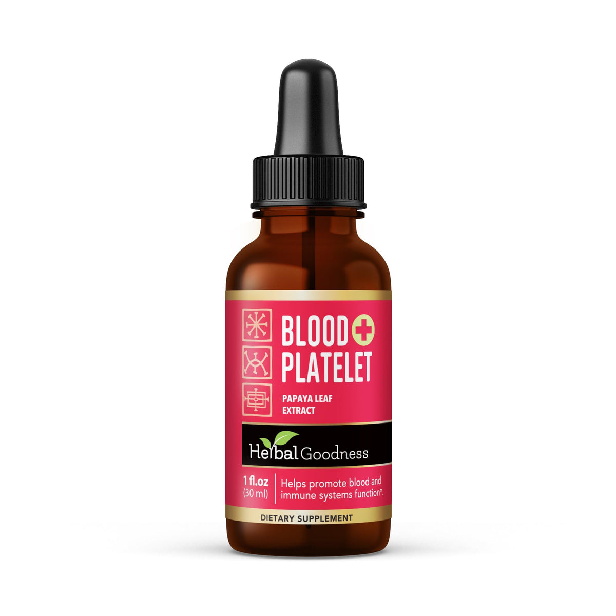 Herbal Goodness papaya leaf tincture bottle highlighting platelet support and immune balance.
