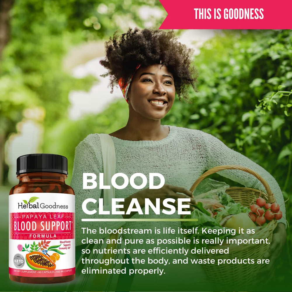 Herbal Goodness papaya leaf extract 10x strength label highlighting potent formulation.
