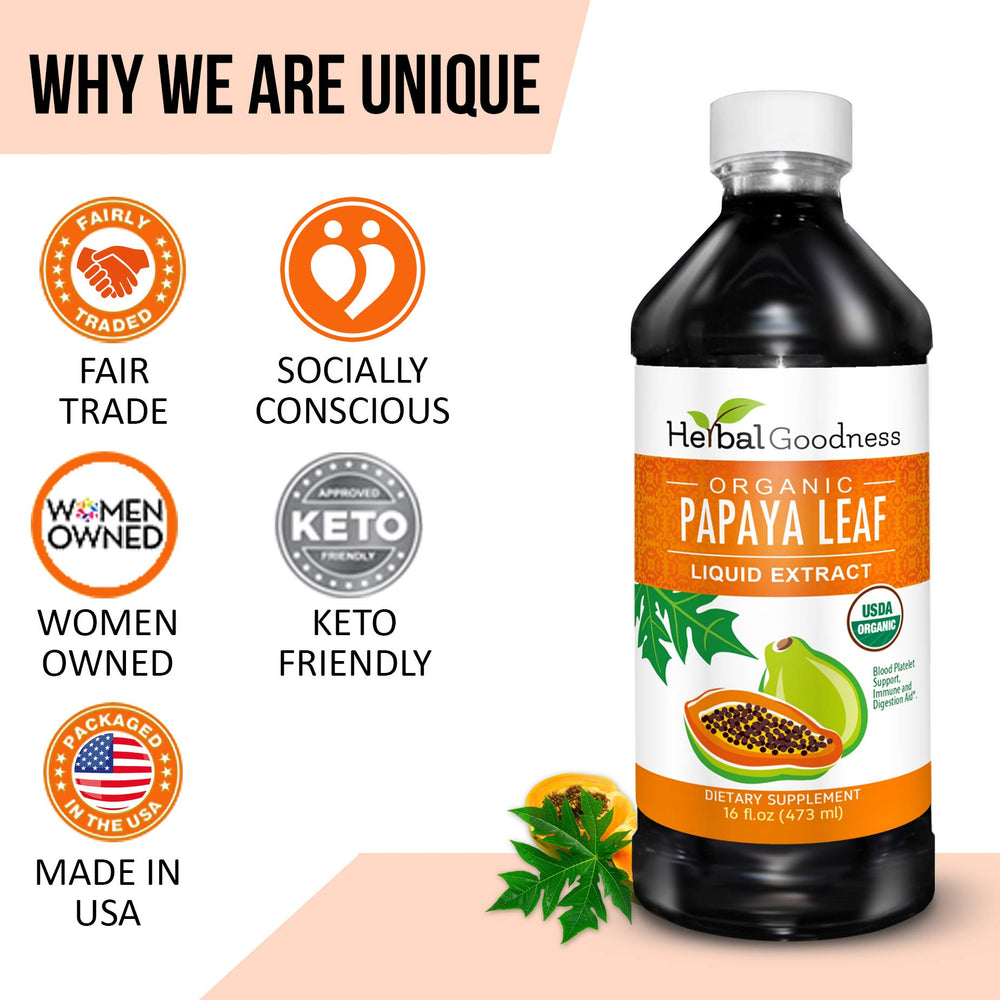 Herbal Goodness papaya leaf extract bottle resting on kitchen counter