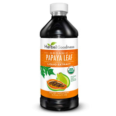 Herbal Goodness papaya leaf extract bottle showing 15X strength for platelet support