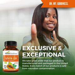 Herbal Goodness papaya leaf powder in bottle hints at concentrated digestive power