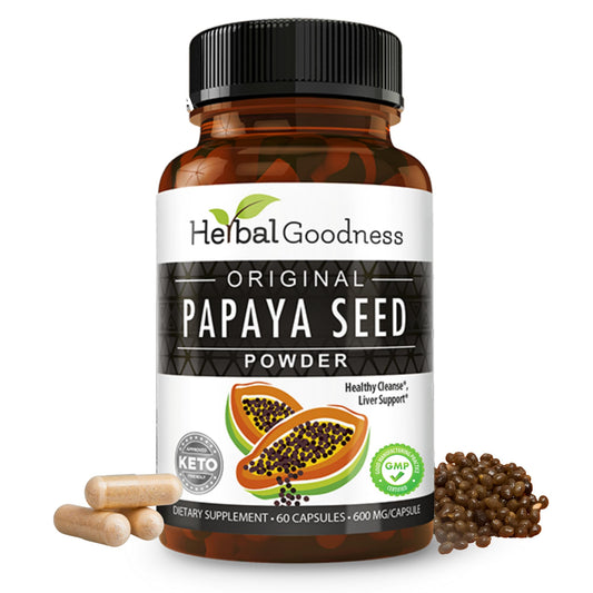 Herbal Goodness papaya seeds capsules bottle ready for daily gut support.
