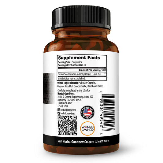 Close-up of papaya seeds powder capsules highlighting high potency papain enzymes.