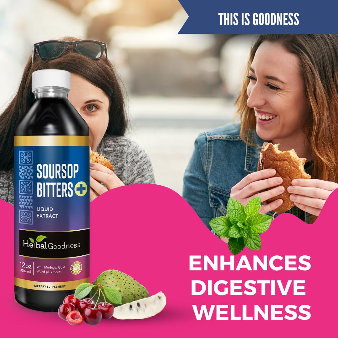 Herbal Goodness Soursop ingredients and bottle, showcasing organic herbs for holistic wellness.