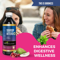 Herbal Goodness Soursop ingredients and bottle, showcasing organic herbs for holistic wellness.