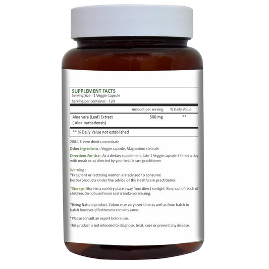 Herbal Hills Aloe Vera Capsules packaging highlights purity and value