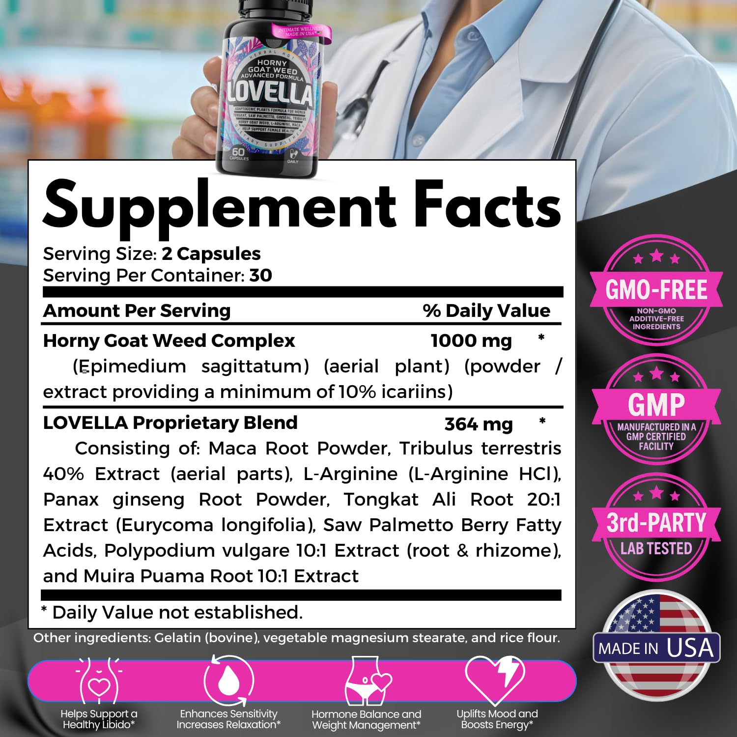 HERBAL HOT Horny Goat Weed Women capsules shown for libido support.