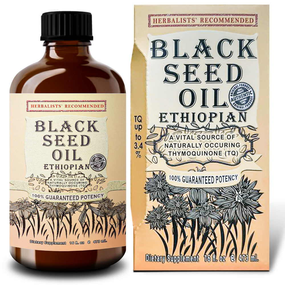 Herbal Organic Works Ethiopian Black Seed Oil bottle close-up for pure, cold-pressed quality.