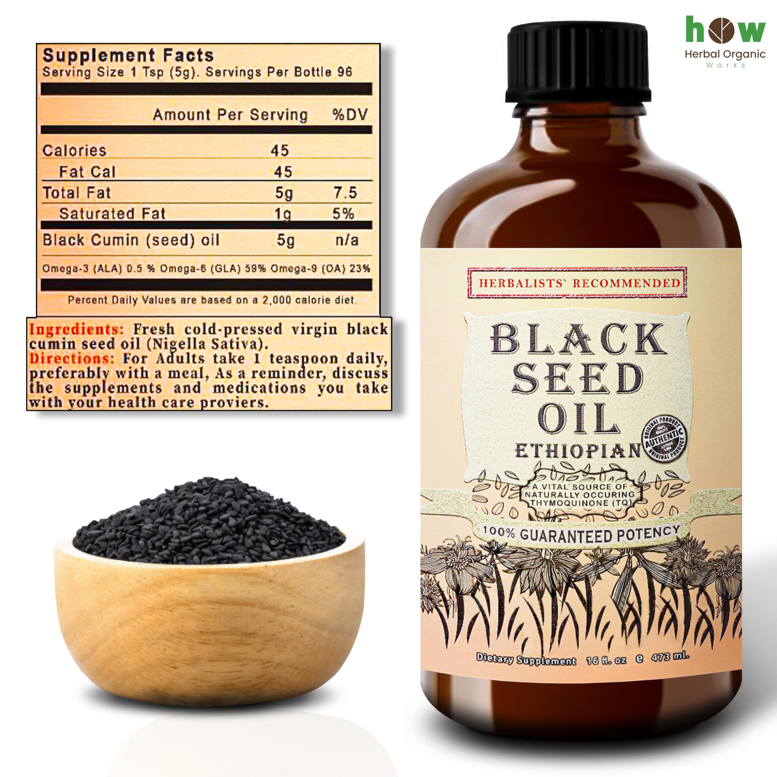 Herbal Organic Works black seed oil spill highlights smooth texture and viscosity.