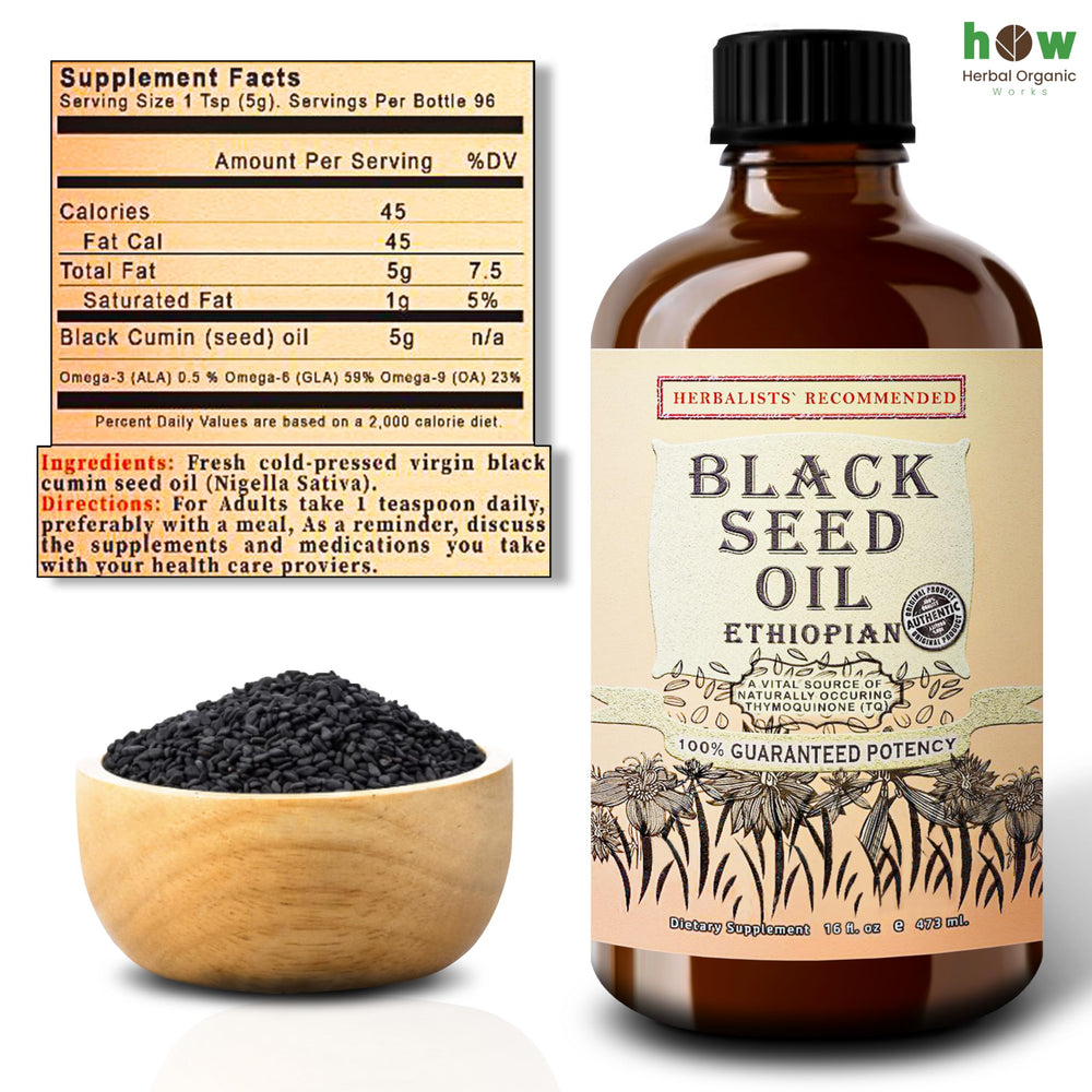 Herbal Organic Works black seed oil spill highlights smooth texture and viscosity.