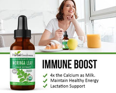 Herbal Papaya Moringa Drops being added to tea from a dropper for a simple wellness ritual.
