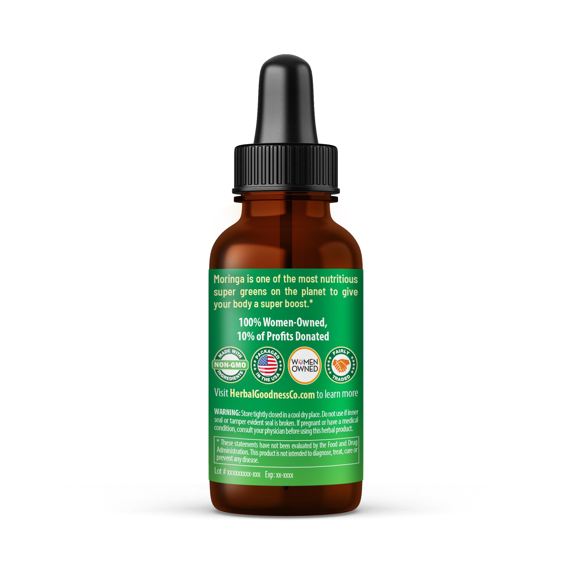 Herbal Papaya Moringa Extract Liquid Drops label highlights a 10:1 organic extract for potency.