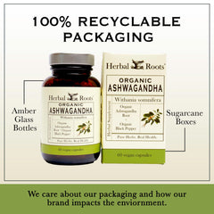Herbal Roots Ashwagandha Capsules back label with ingredients and usage.