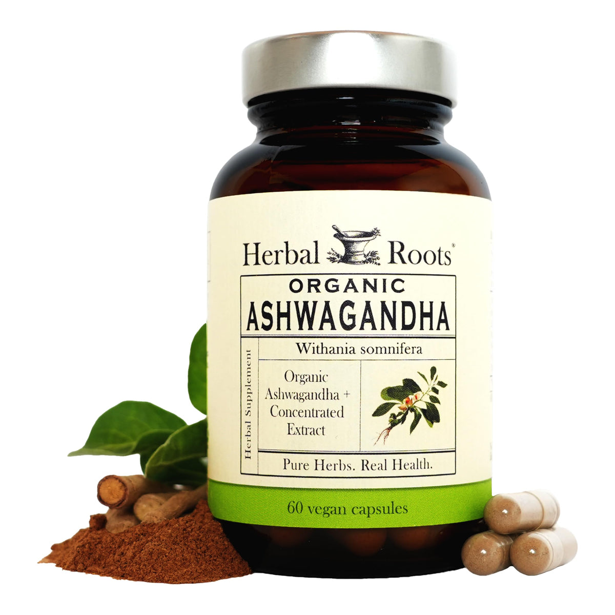 Herbal Roots Ashwagandha Capsules bottle for daily wellness.