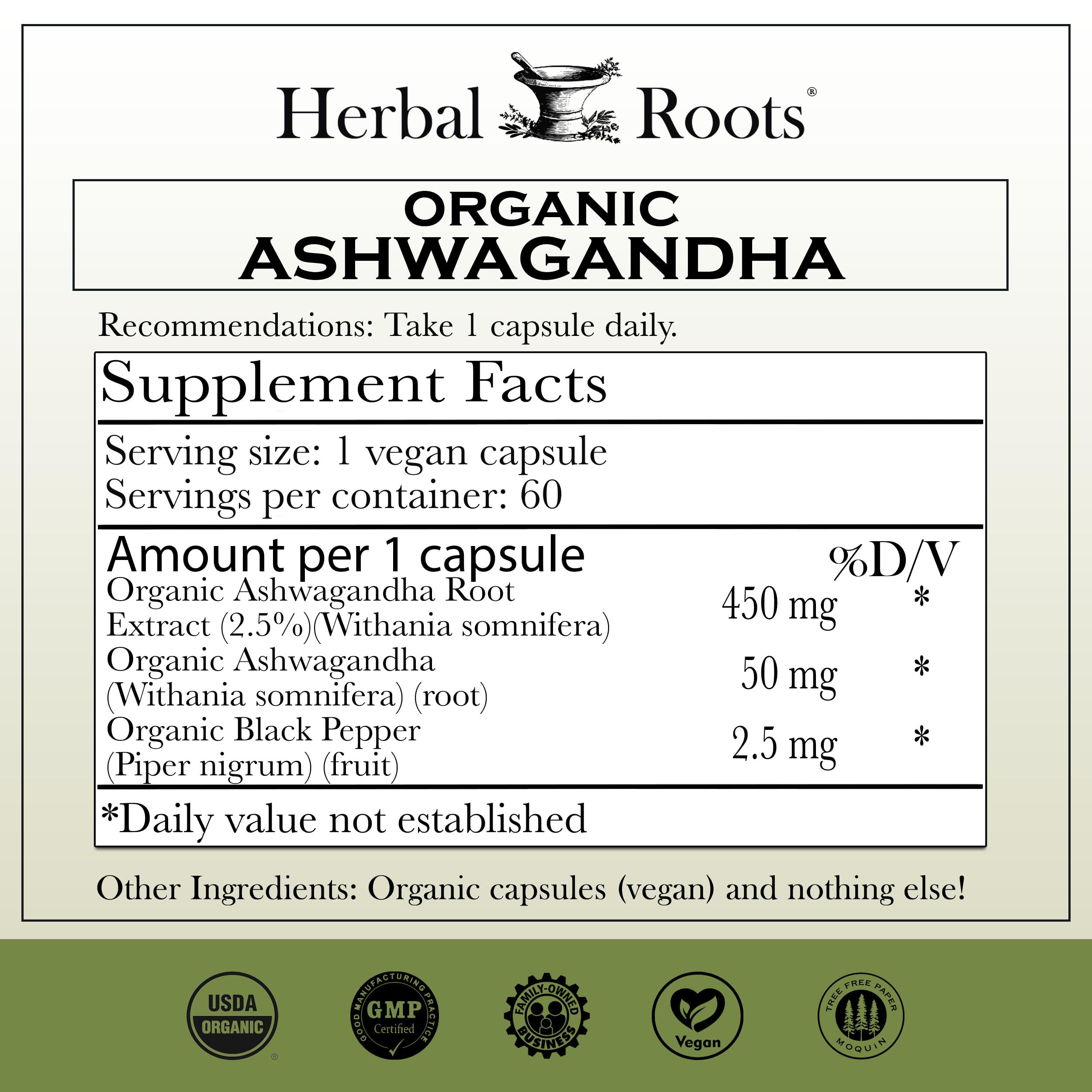 Herbal Roots Ashwagandha Capsules label highlighting vegan formula.