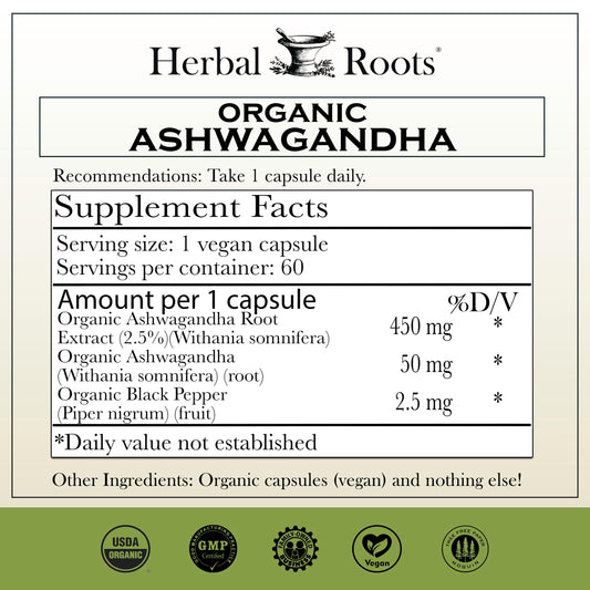 Herbal Roots Ashwagandha Capsules label highlighting vegan formula.
