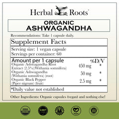 Herbal Roots Ashwagandha Capsules label highlighting vegan formula.