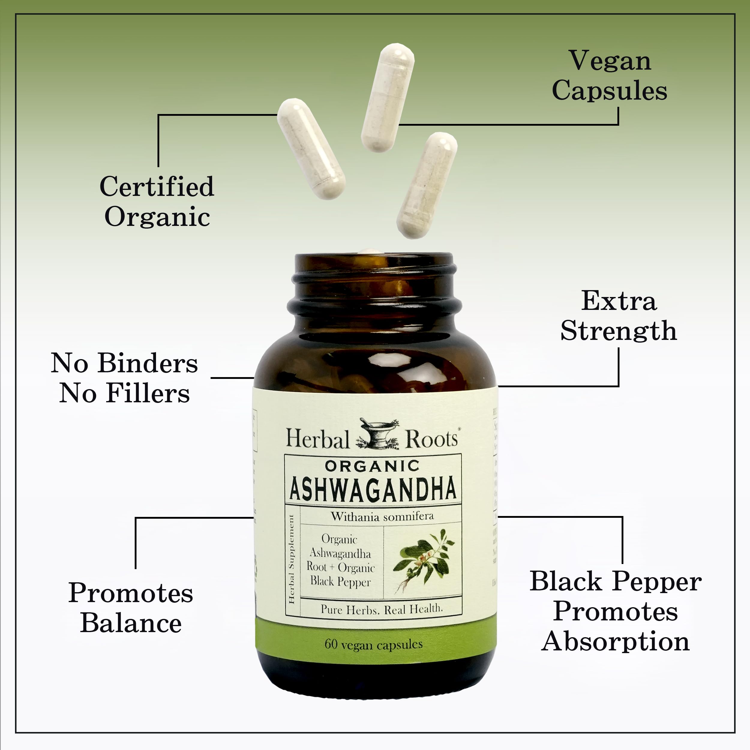 Herbal Roots Ashwagandha Capsules pouring from bottle for quick use.
