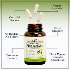Herbal Roots Ashwagandha Capsules pouring from bottle for quick use.