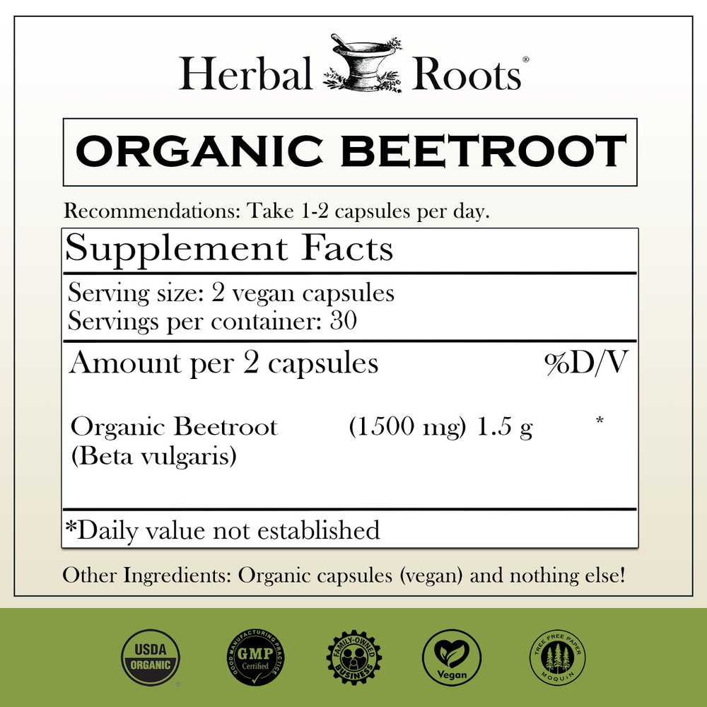 Herbal Roots beet root capsules close-up highlights clean, organic ingredients for vegan routines.