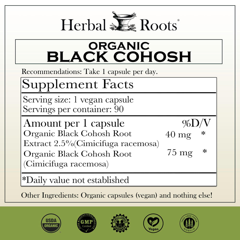 Herbal Roots Black Cohosh bottle with extra strength, 90 vegan capsules.
