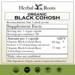 Herbal Roots Black Cohosh bottle with extra strength, 90 vegan capsules.