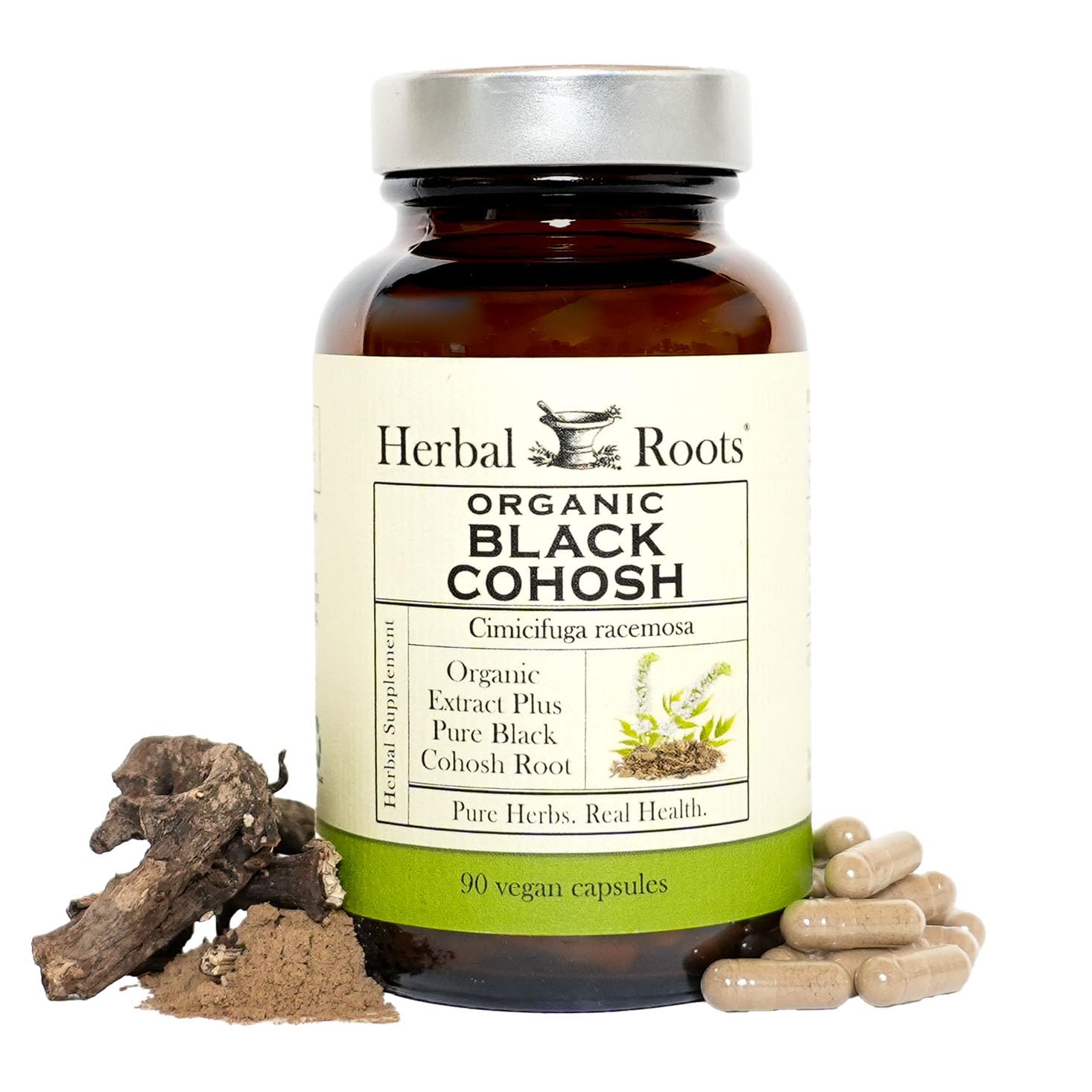 Herbal Roots Black Cohosh capsules for menopause support and daily wellness.