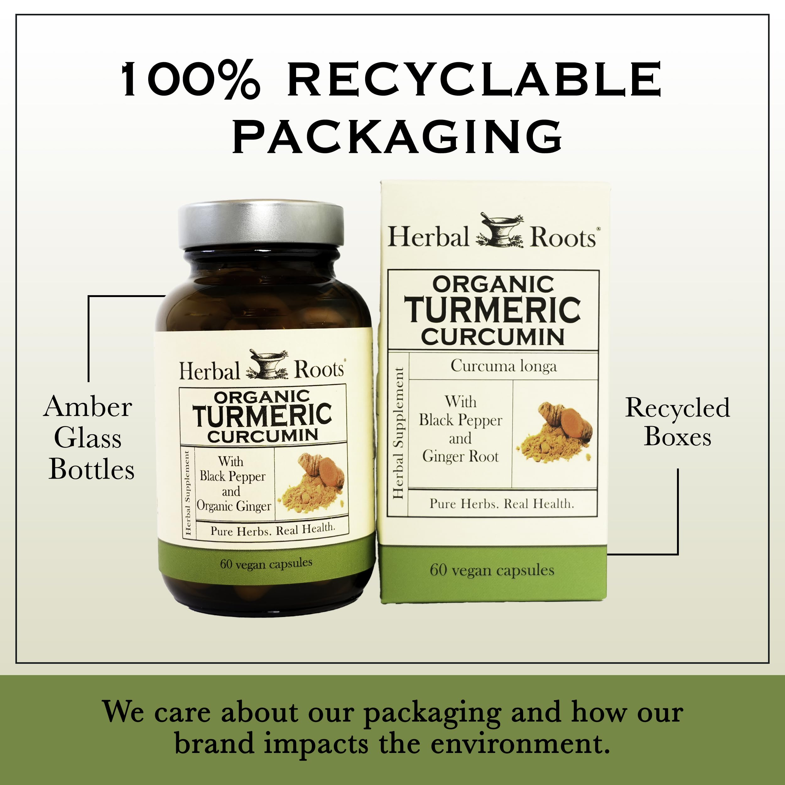 Herbal Roots cGMP-certified packaging signals quality and safety standards.