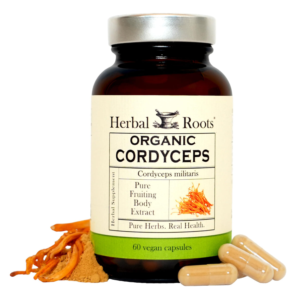 Herbal Roots Cordyceps bottle front suggesting potential immune support