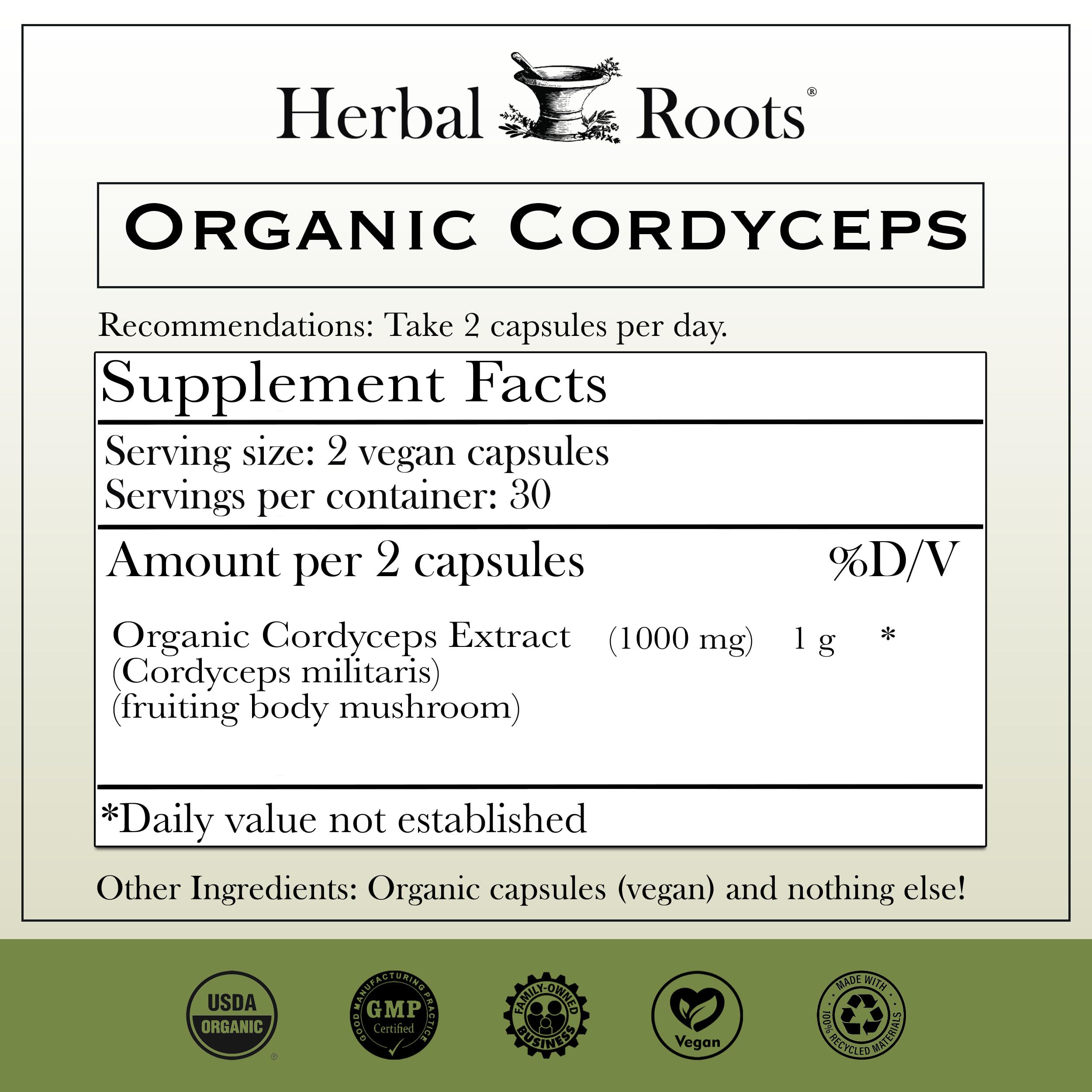 Herbal Roots Cordyceps capsules pour shows ready-to-use daily capsules