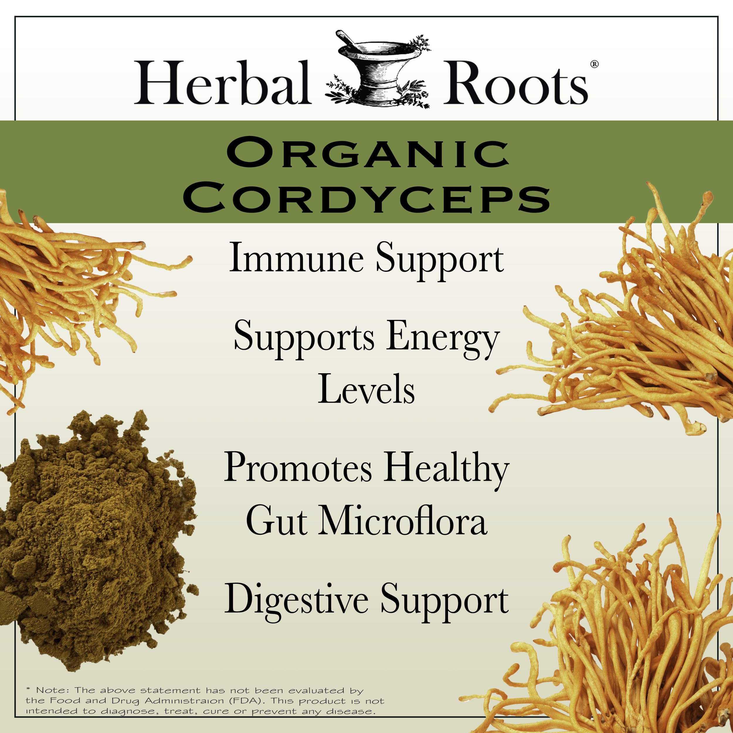 Herbal Roots Cordyceps capsules label closeup highlighting organic quality