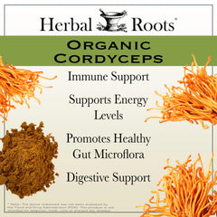 Herbal Roots Cordyceps capsules label closeup highlighting organic quality