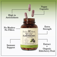 Herbal Roots elderberry capsules closeup reveals pure formula with no additives.