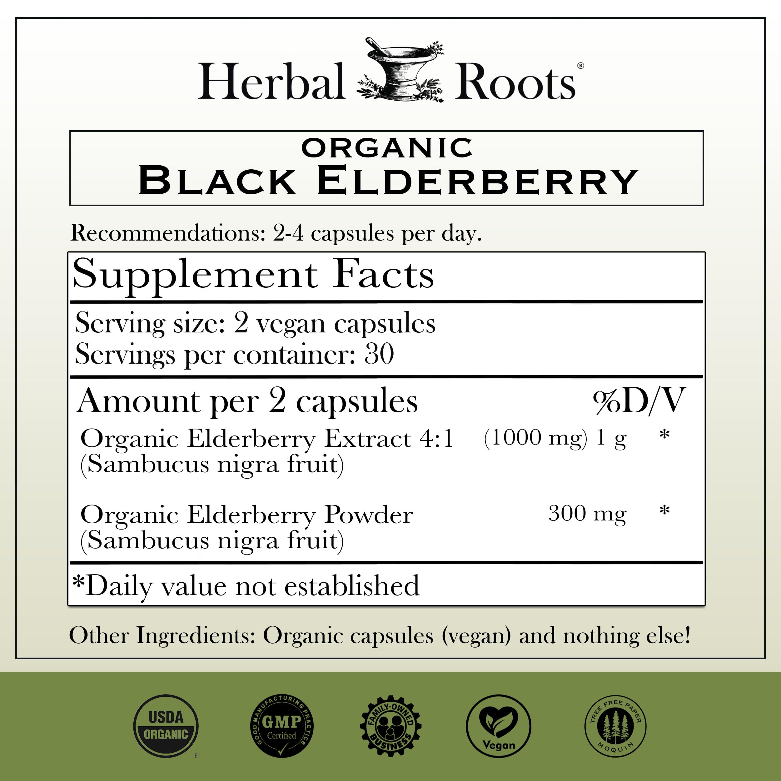 Herbal Roots Elderberry capsules packaging highlights organic Sambucus and vegan-friendly design.