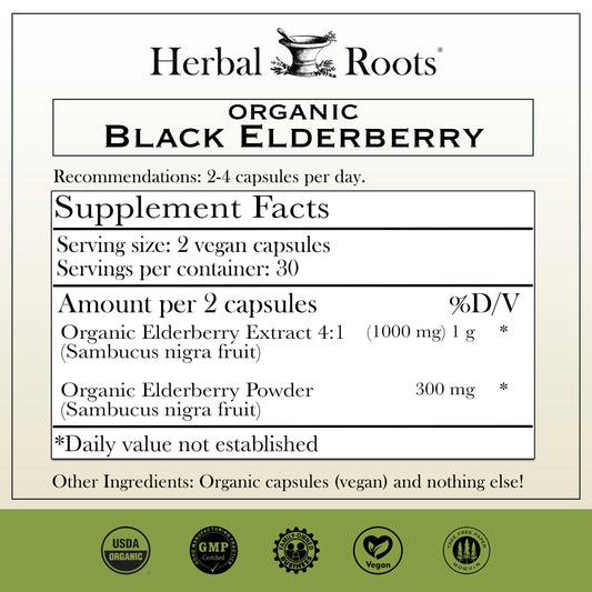 Herbal Roots Elderberry capsules packaging highlights organic Sambucus and vegan-friendly design.