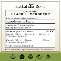 Herbal Roots Elderberry capsules packaging highlights organic Sambucus and vegan-friendly design.