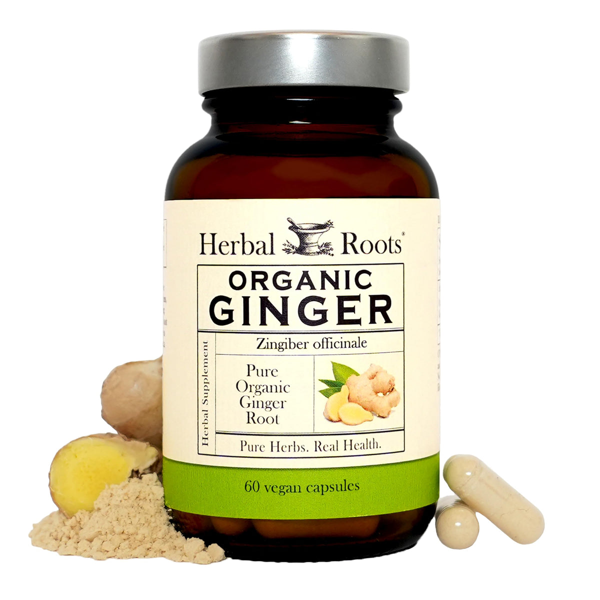 Herbal Roots Ginger Supplement bottle pour shows pure ginger powder for digestive comfort