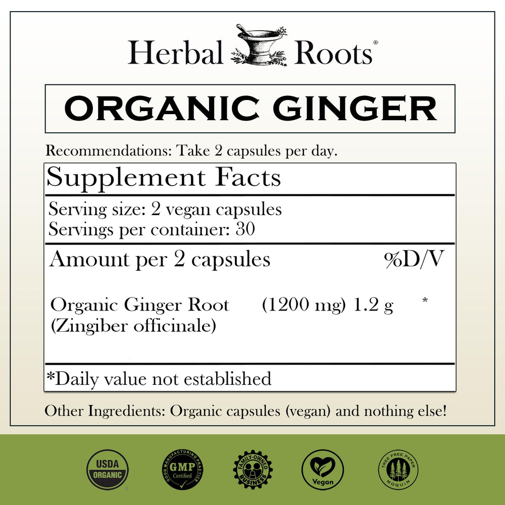 Herbal Roots Ginger Supplement capsules closeup highlighting 1,200 mg per serving