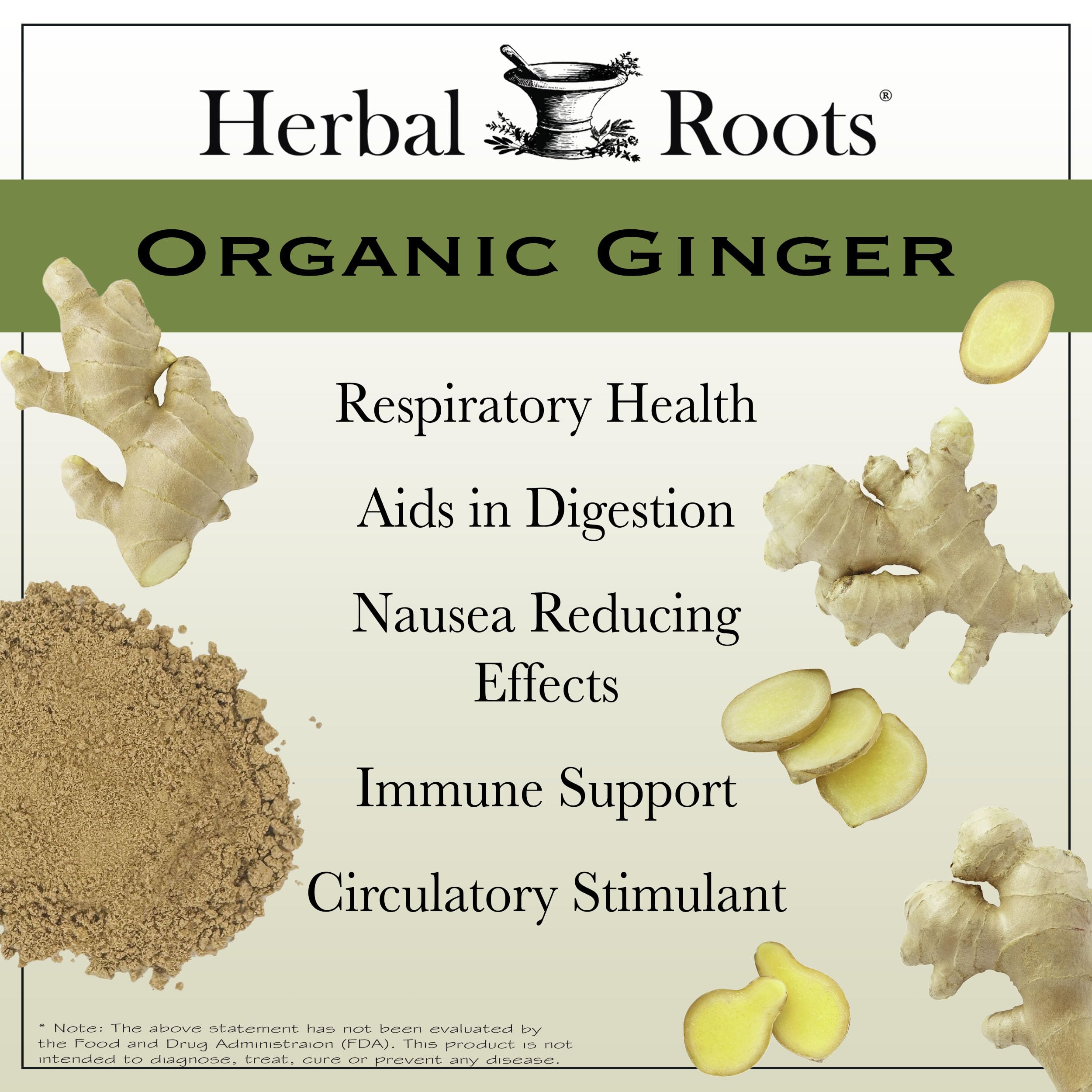 Herbal Roots Ginger Supplement label closeup with organic certification and testing