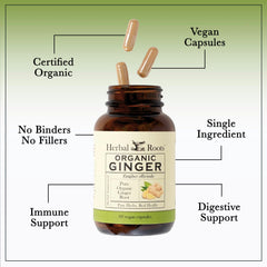 Herbal Roots Ginger Supplement packaging display emphasizing organic vegan capsules