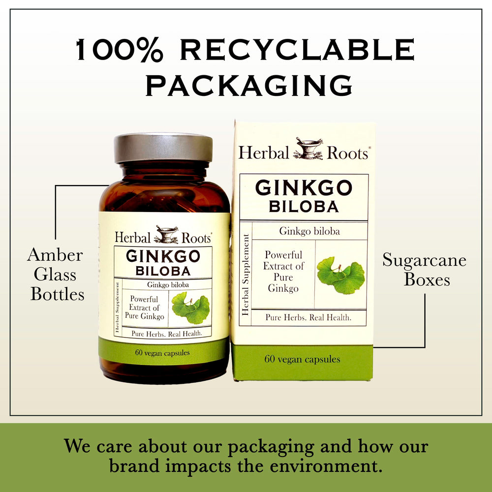 Herbal Roots Ginkgo biloba capsules close-up – pure leaf extract, no binders.