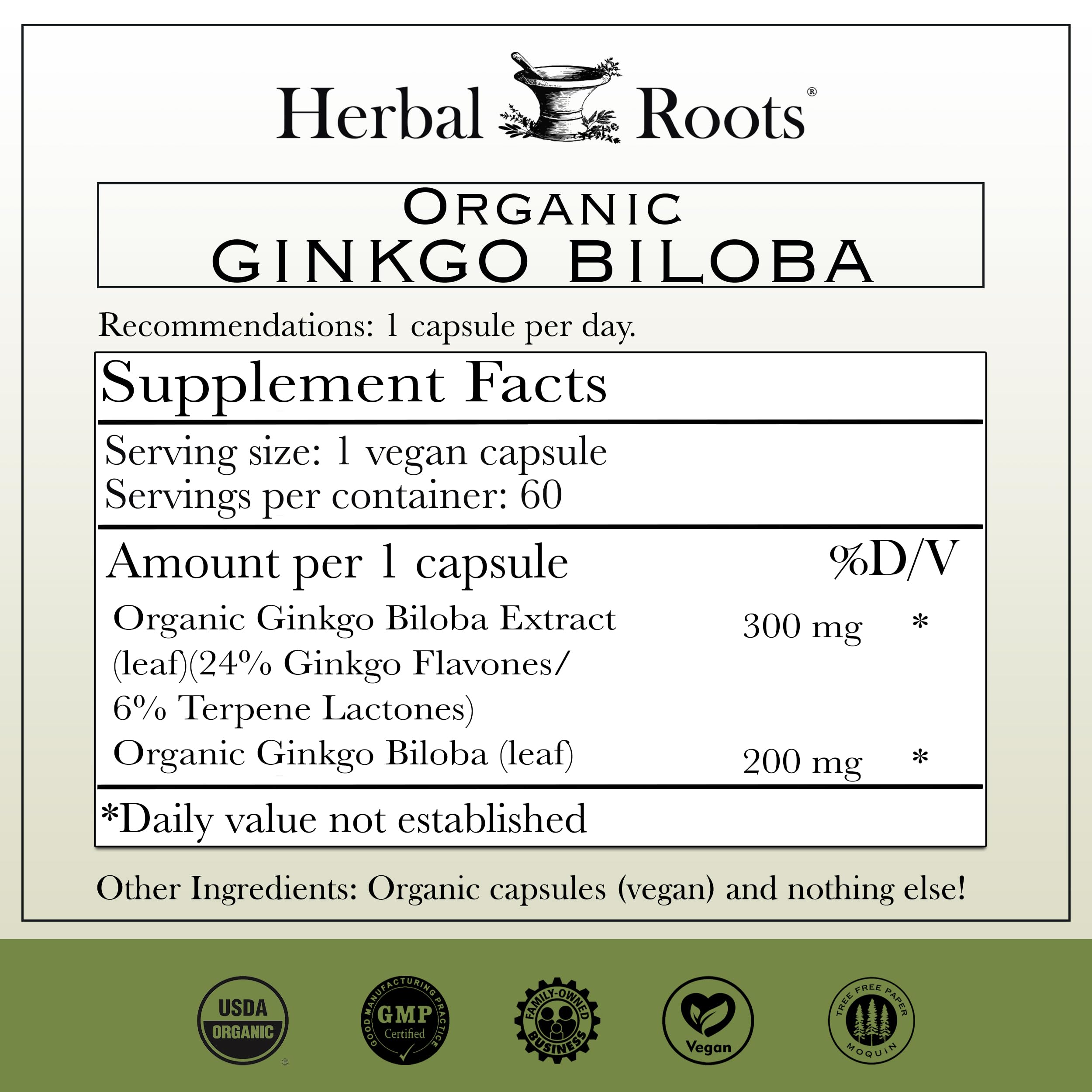 Herbal Roots Ginkgo biloba extract vegan capsules – convenient daily brain support.