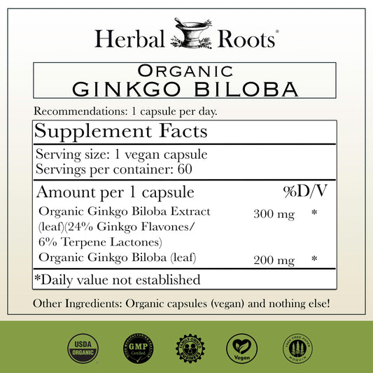 Herbal Roots Ginkgo biloba extract vegan capsules – convenient daily brain support.