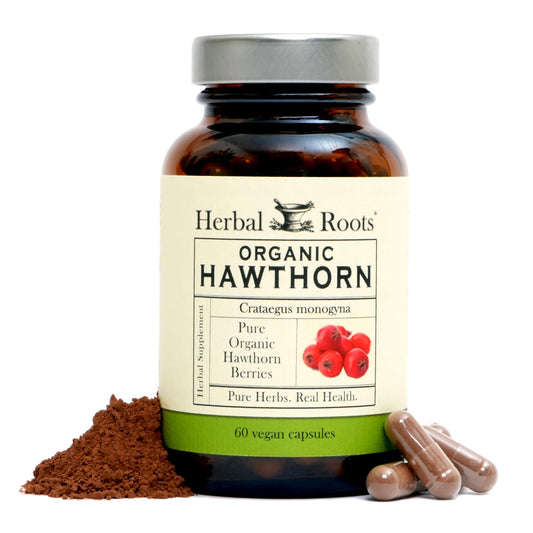 Herbal Roots Hawthorn bottle shows organic, extra-strength formula for daily use