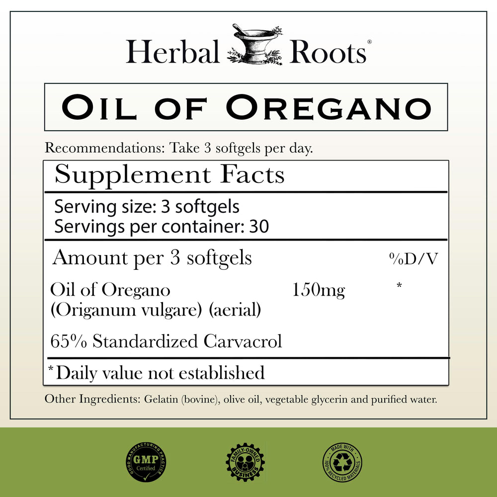 Herbal Roots Mediterranean oregano oil bottle for daily supplementation.