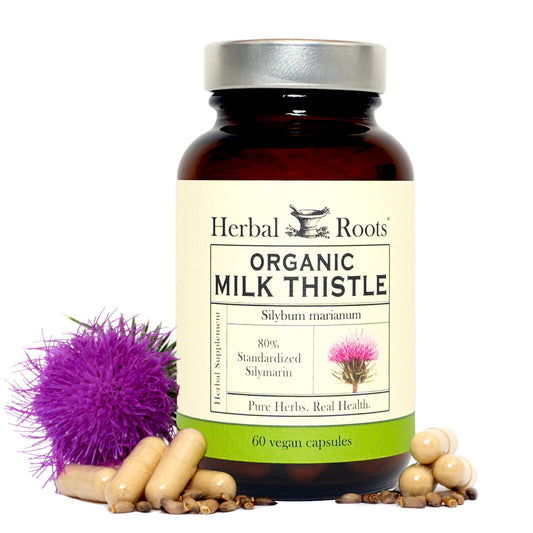 Herbal Roots Milk Thistle bottle front – supports liver wellness and daily wellbeing.