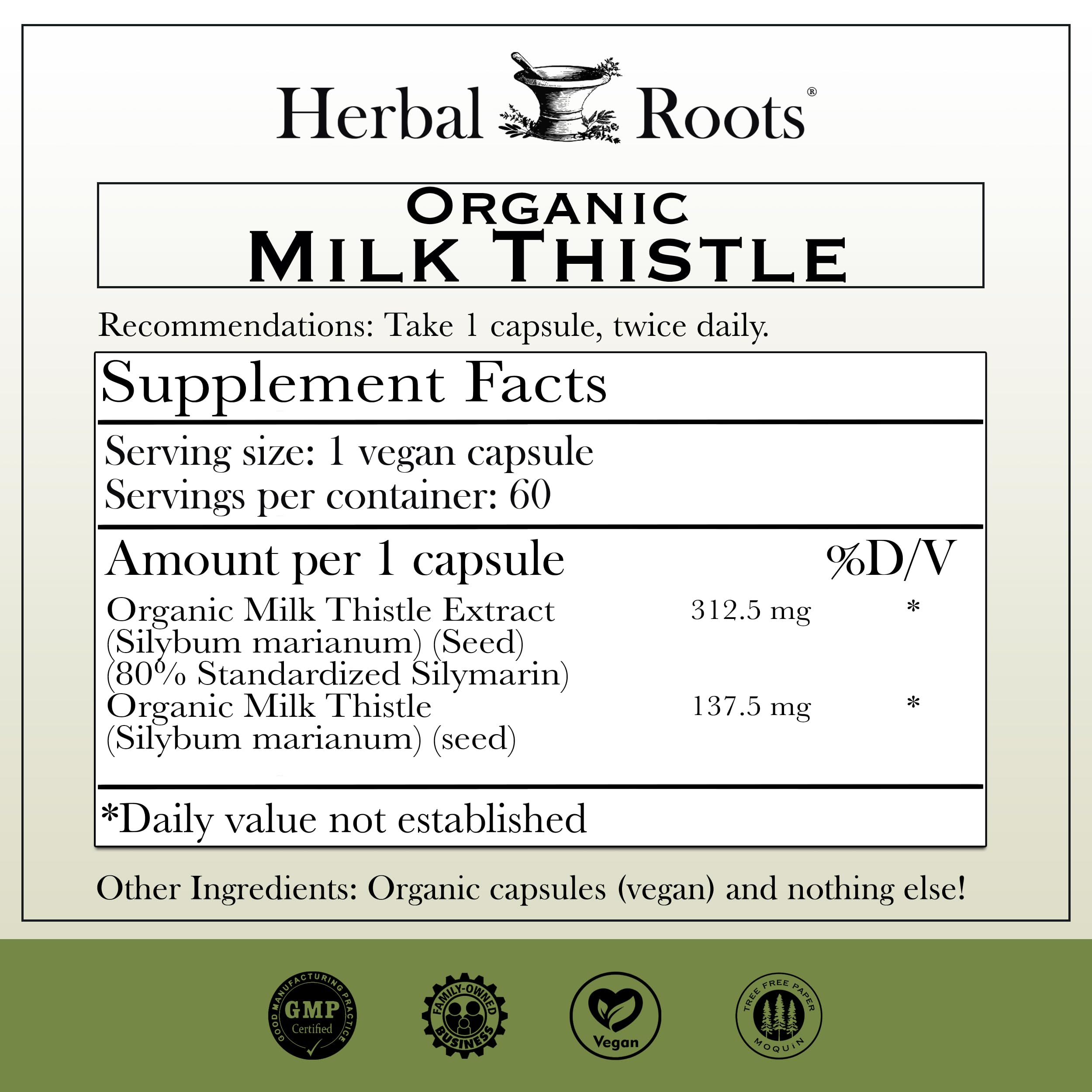 Herbal Roots Milk Thistle bottle side – convenient everyday liver and digestion support.
